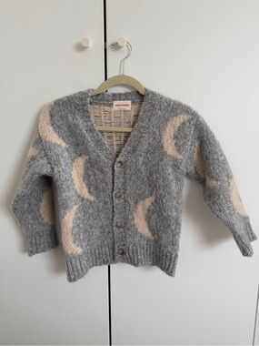 Bobo Choses Grey Cardigan with Pale Pink Moon Motif